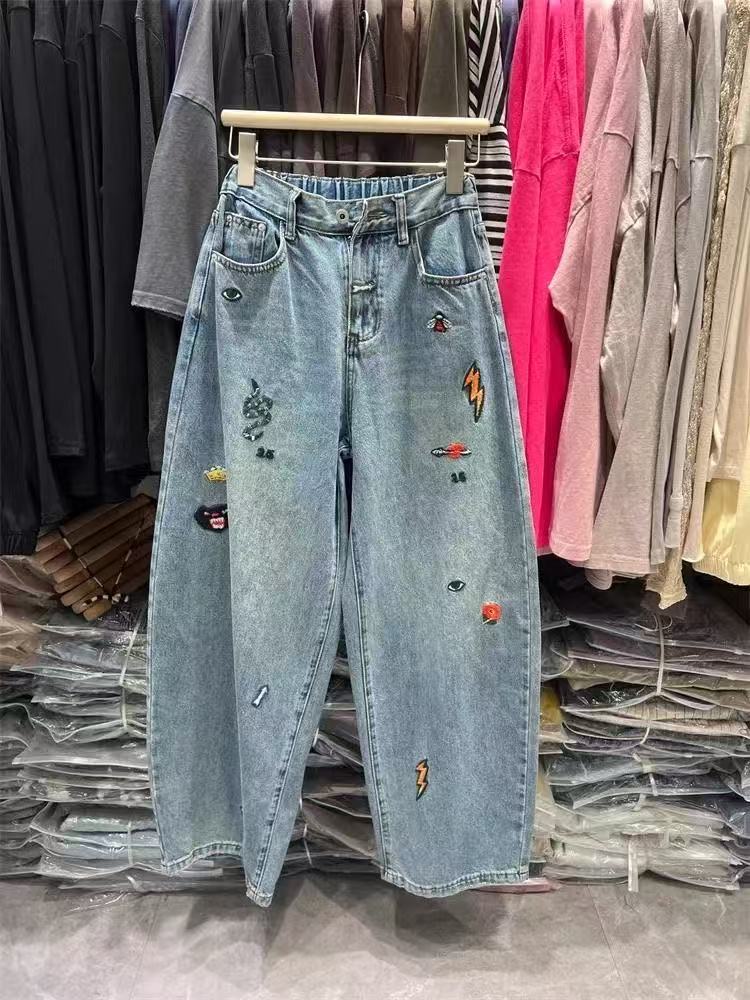 ジーンズ デニムパンツ レディース 刺しゅう ハイウエストデニム ロングパンツ ボトムス ハイウエスト 刺繍パンツ レディースジーンズパンツ レディースデニムパンツ 刺繍 大きいサイズ ゆったり 体型カバー 夏 秋 冬 着痩せ 美脚 楽チン カジュアル お出かけ LPGA045(L-4XL)