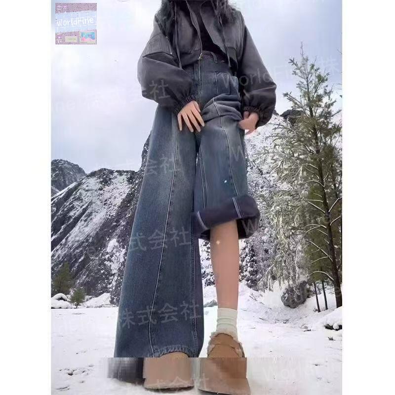 乐天商城 - ワイドパンツ 裏起毛ジーンズ レディース デニムパンツ 大きいサイズ 厚手 秋冬 ウエストゴム ゆったり 通勤 カジュアル パンツ ボトムス 可愛い 防寒 暖かい ハイウエスト 厚手 無地 LPGA087(S-5XL)