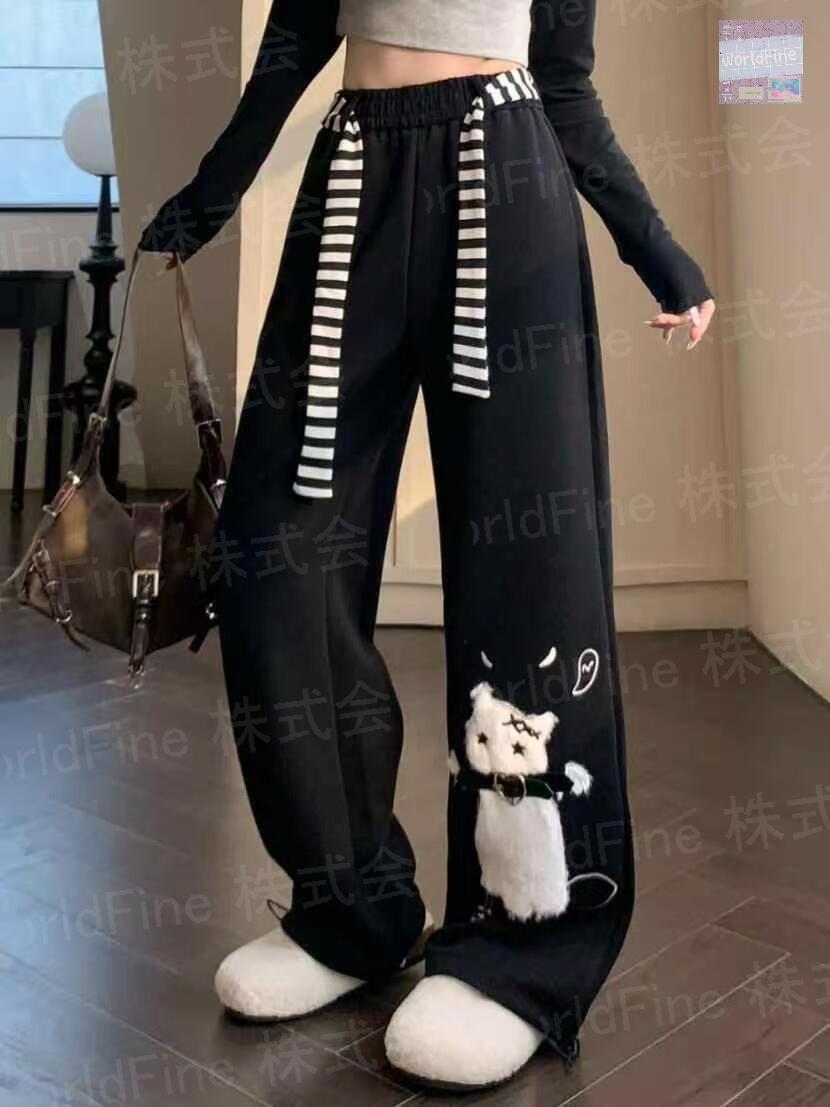 乐天商城 - ワイドパンツ レディース 春 秋 大きいサイズ 猫柄 刺しゆう シンプル ウエストゴム イージーパンツ スポーツウエア カジュアルパンツ ロング ボトムス 大きいサイズ ゆったり LPGA095(S-4XL)