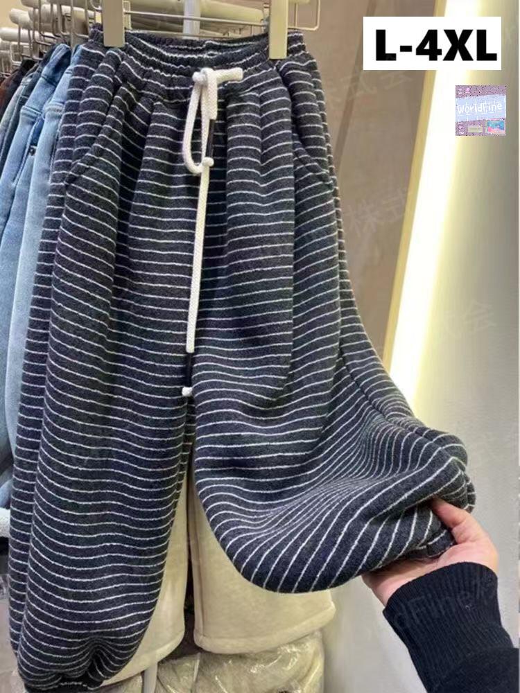 乐天商城 - 裏起毛ワイドパンツ 超厚手 レディース 冬パンツ ストレッチ ボーダー柄 大きいサイズ ウエストゴム イージーパンツ ポケット付き カジュアルパンツ ロング ボトムス 大きいサイズ ゆったり LPGA106(L-4XL)