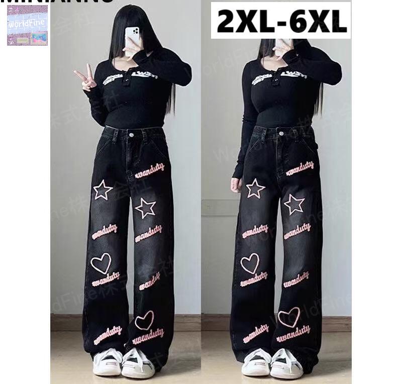 乐天商城 - ジーンズ デニムパンツ ワイドパンツ レディース 刺しゅう レディースジーンズ ロングパンツ ハイウエスト ウエストゴム 大きいサイズ ゆったり レディースジーンズパンツ レディースデニムパンツ 体型カバー 着痩せ カジュアル 春 春物 刺繍 刺繍入り LPGA115(2XL-6XL)