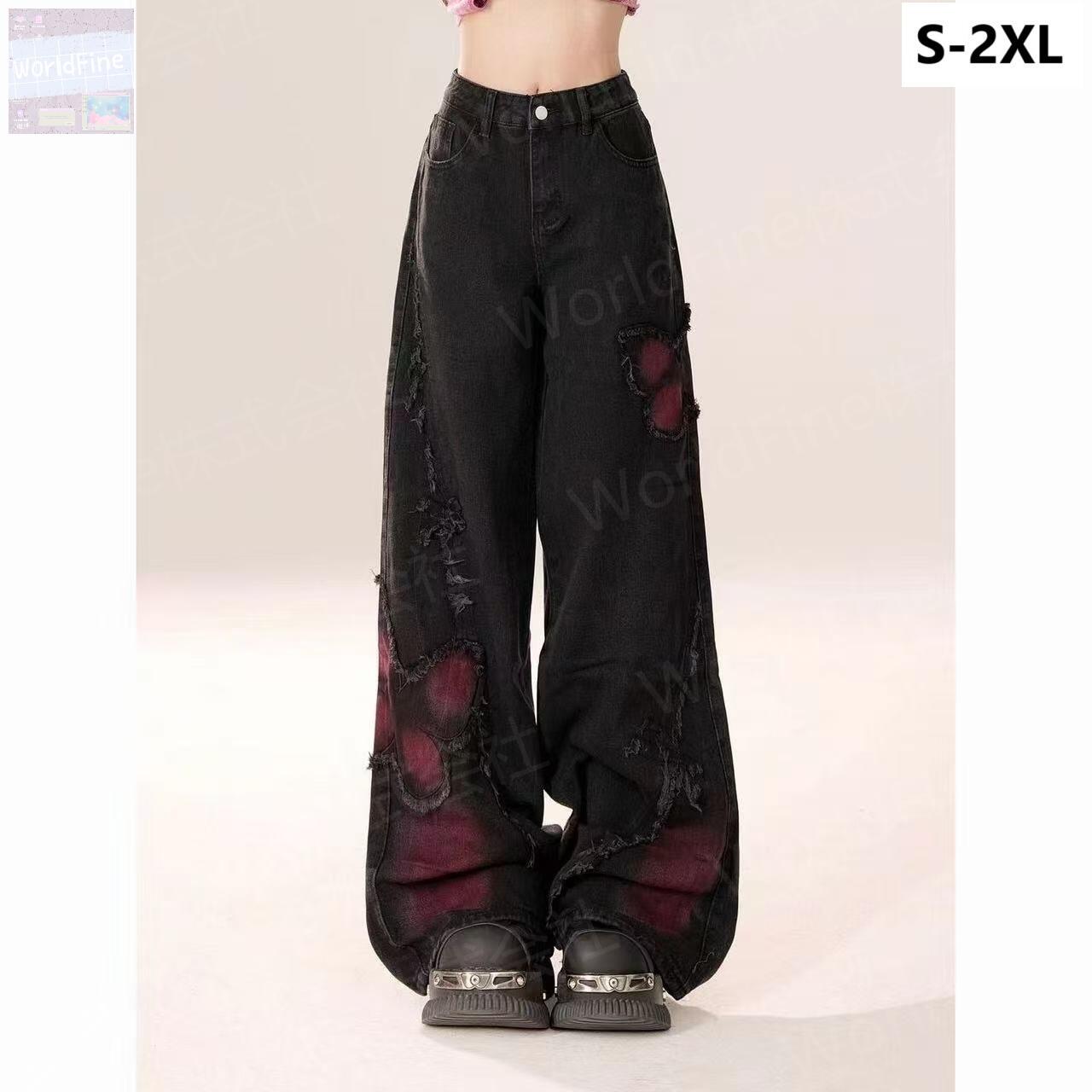 乐天商城 - デニムパンツ レディース 蝶柄 ダメージ ジーンズ ジーパン ワイドパンツ ゆるカジ 個性的 レディースデニムパンツ 柄物 ストリート系 大人可愛い 20代 30代 40代 カジュアル 春 夏 痩せ見え 体型カバー お洒落 SLTE016(S-2XL)