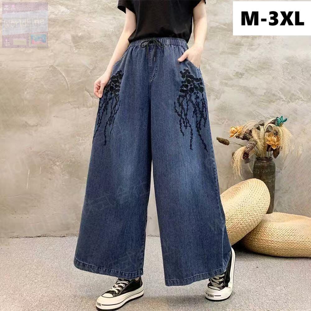 乐天商城 - デニムパンツ レディース 刺しゅう 花柄 ワイドパンツ ジーンズ ジーパン レディースデニムパンツ 刺繍 ゆるカジ 20代 30代 40代 50代 レトロ ボヘミアン エスニック 大人可愛い ウエストゴム 体型カバー 痩せ見え 楽ちん お洒落 春 夏 秋 SLTE018(M-3XL)