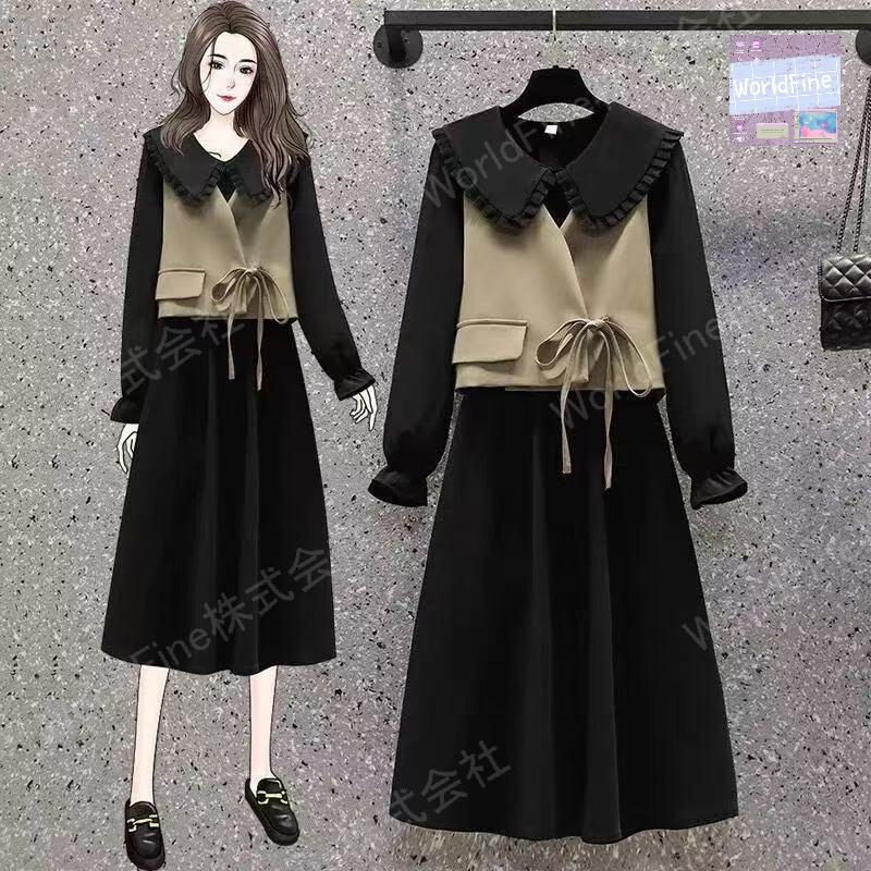 乐天商城 - セットアップ レディース 長袖ワンピース+ベスト 2点セット 秋物 秋服 秋 ワンピース秋物 ゆったり 大きいサイズ 体型カバー レディースセットアップ ワンピースセットアップ 着痩せ 無地 シンプル オフィス 秋ワンピース おしゃれ 通勤 大人 かわいい LSGA043(M-4XL)