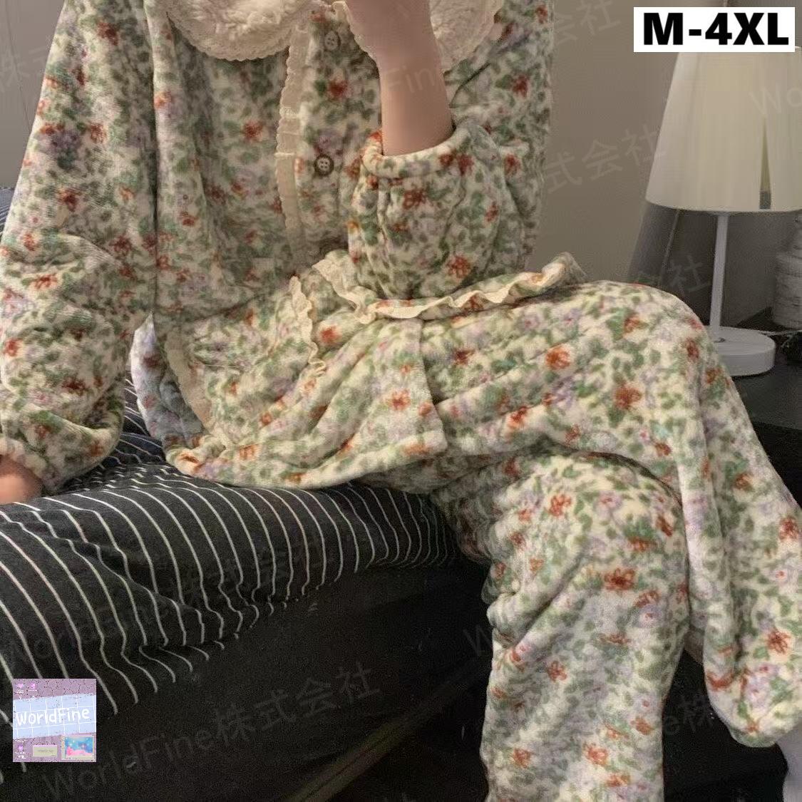 乐天商城 - ルームウェア レディースセットアップ 大きいサイズ 部屋着 寝間着 上下セット ナイトウェア 総柄 花柄 冬パジャマ レディース ベルベット モコモコセットアップ もこもこセットアップレディース 長袖 セットアップ 2点セット リラックス ゆったり LSGA074(M-4XL)