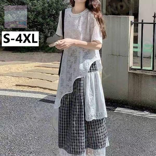 乐天商城 - セットアップ レディース 上下セット 大きいサイズ 半袖Tシャツ スカート 春服 夏服 レディースセットアップ 春夏 20代 30代 40代 スカートセットアップ レース チェック柄 涼しい スカート 2点セット きれいめ 大人可愛い 個性的 モード系 体型カバー LSHA007(S-4XL)