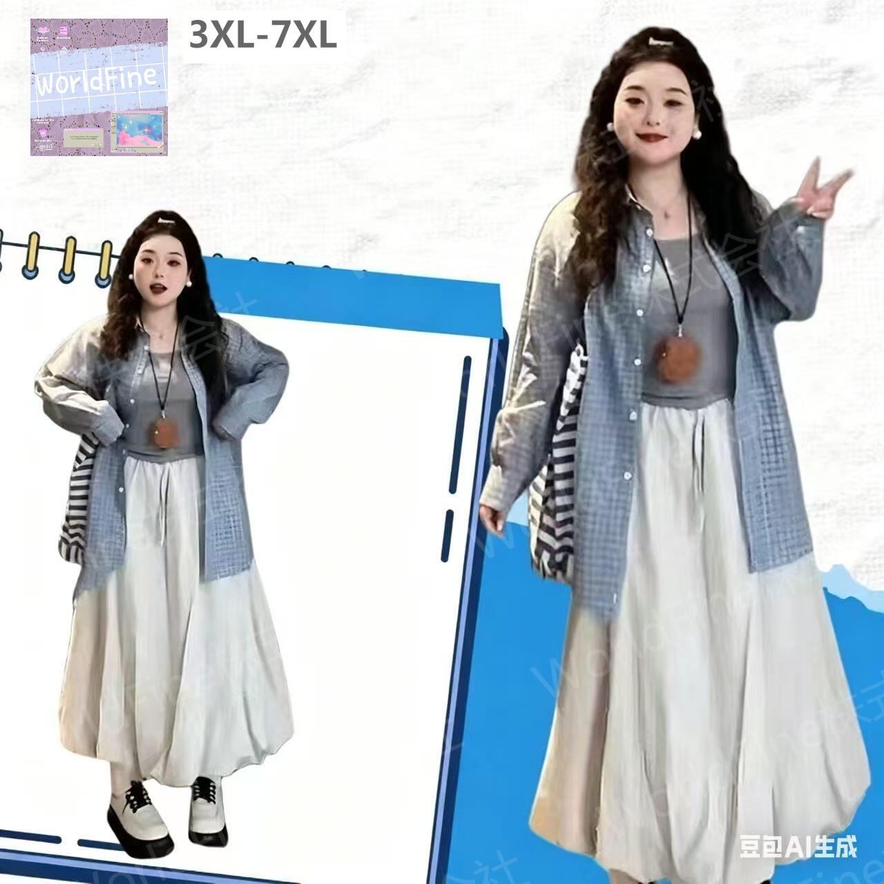 乐天商城 - セットアップ レディース 春 秋 春服 秋服 大きいサイズ 上下セット 3点セット チェック柄シャツ キャミソール ロングスカート ナチュラル 普段着 体型カバー お出かけ LSHA015(3XL-7XL)