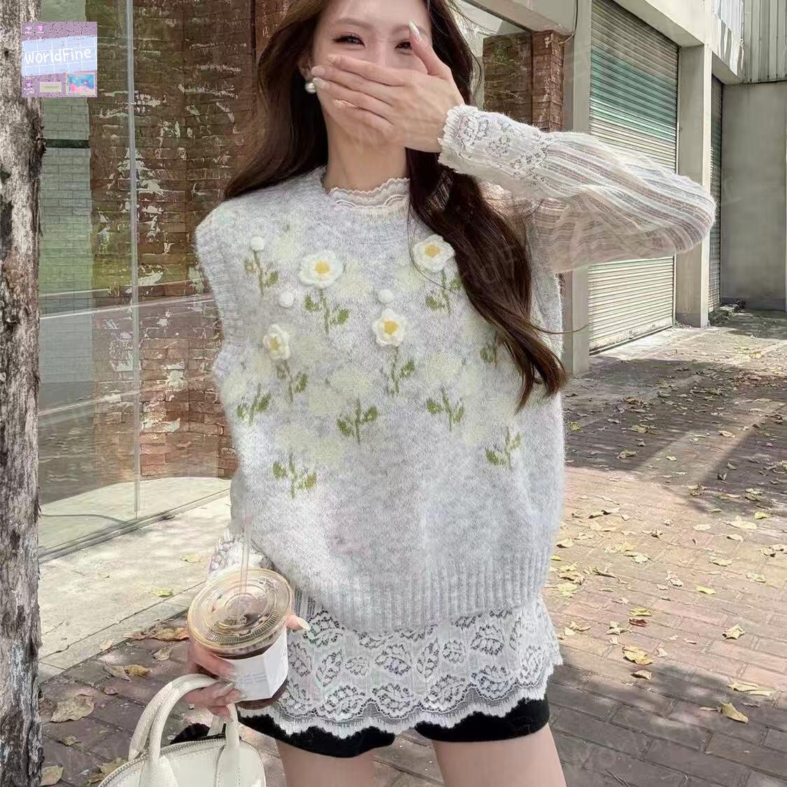 ニットベスト セットアップ ベスト+ロングT 2点セット 春 秋 トップス レディース ベスト おしゃれ ショット丈 ノースリーブ 花柄 普段..