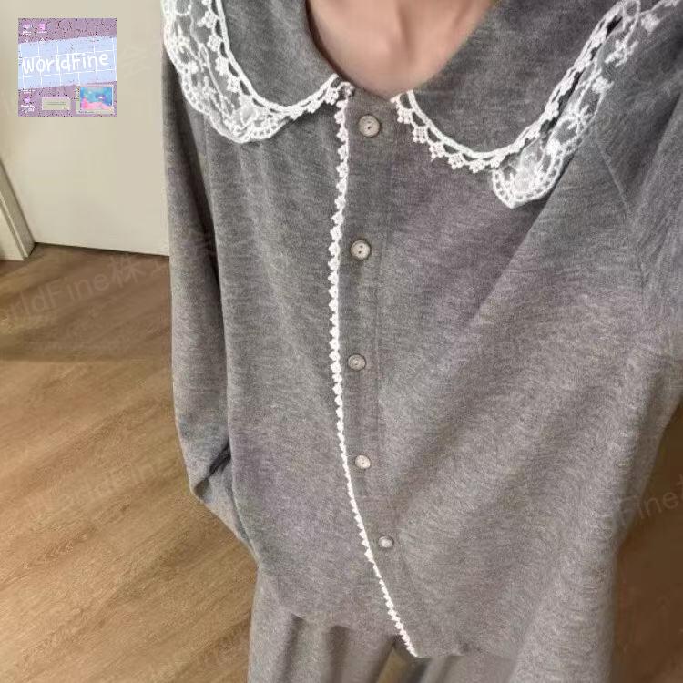 ルームウェア レディース 上下セット セットアップ レース パジャマ 部屋着 春秋 長袖 前開け パンツ ..