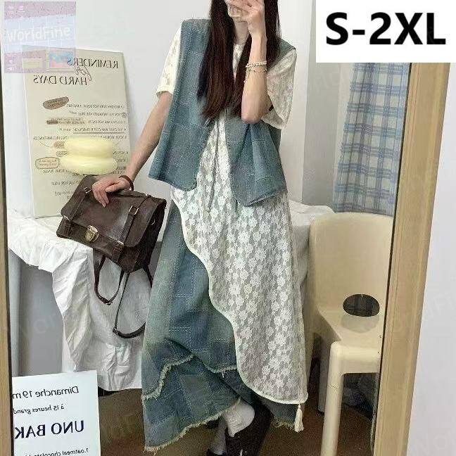 乐天商城 - セットアップ レディース 3点セット デニムベスト レースワンピース デニムスカート レディースセットアップ デニム ジーンズ セットアップレディース 春物 夏物 半袖 マキシ丈 体型カバー カジュアル 大人可愛い おしゃれ 20代 30代 40代 50代 春 夏 SLSE003(S-2XL)