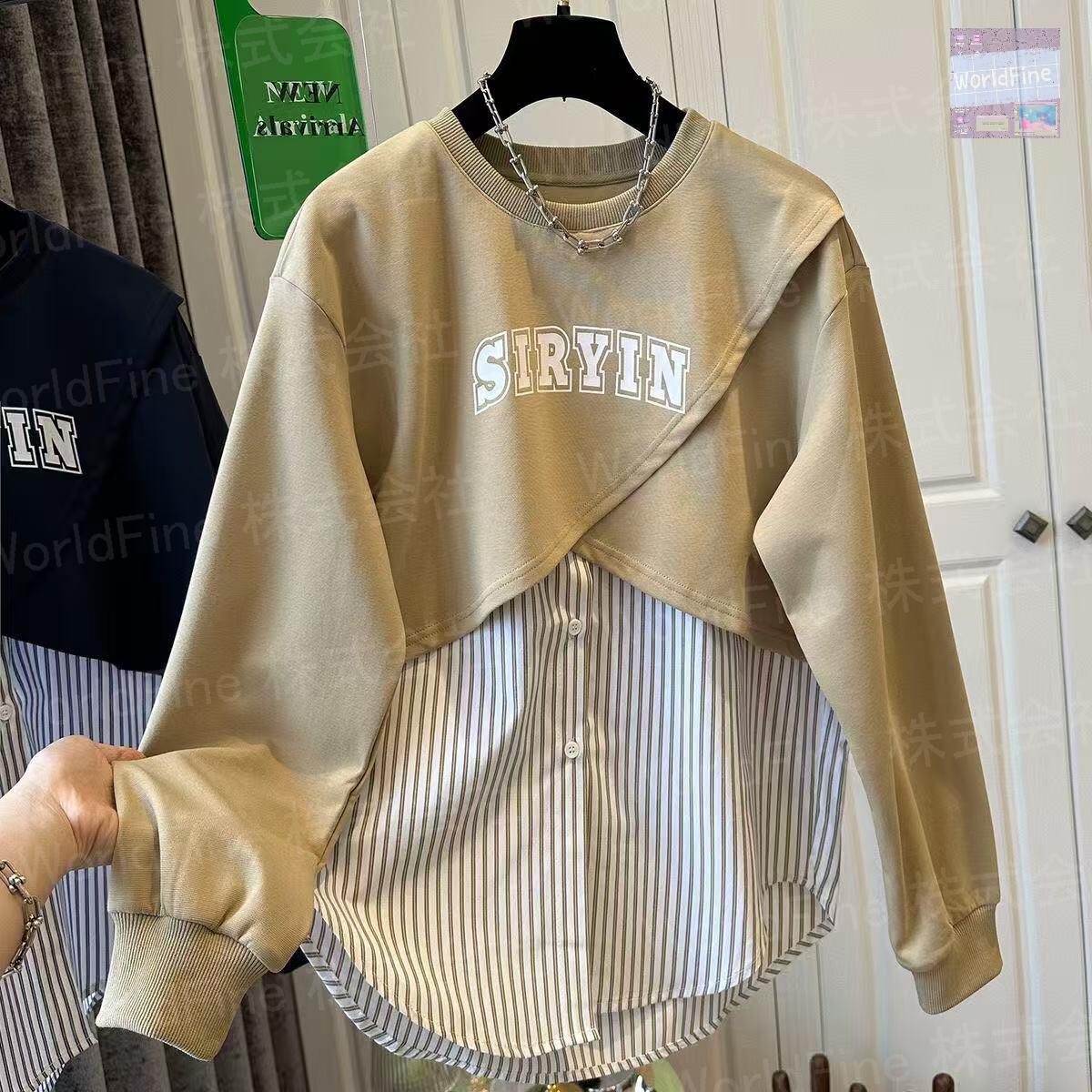 乐天商城 - レディース シャツ レディースシャツ 重ね着風 大きいサイズ ストレイプ柄 おしゃれ レディーストップス 切り替え レディースロングシャツ 可愛いトップス ゆったり 長袖 可愛い おしゃれ かわいい かわいい服 春秋 LUGA139(2色L-4XL)