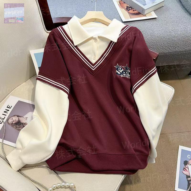 乐天商城 - トレーナー レディーストップス 薄手 POLOネック 大きいサイズ レディーストップス レディース洋服 重ね着風 普段着 レディーストレーナー 可愛いトレーナー 春 秋 秋服 春服 長袖 ゆったり 体型カバー カジュアル 大人コーデ 大人カワイイ お出かけ LUGA157(3色L-4XL)