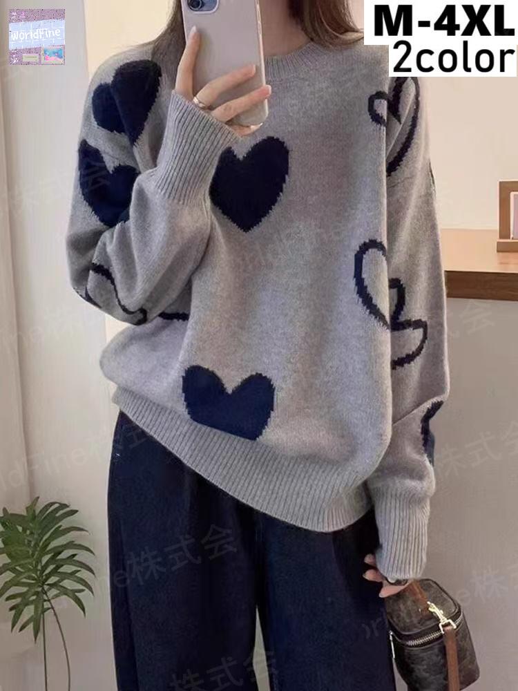 乐天商城 - ニット セーター レディース 長袖 丸首 トップス ニットセーター おしゃれ きれいめ きれいめニット ハート柄 可愛いセーター レディースセーター ニットプルオーバー ニットソー 冬 ゆったり 柔らかい 可愛い カジュアル LUGA231(2色M-4XL)