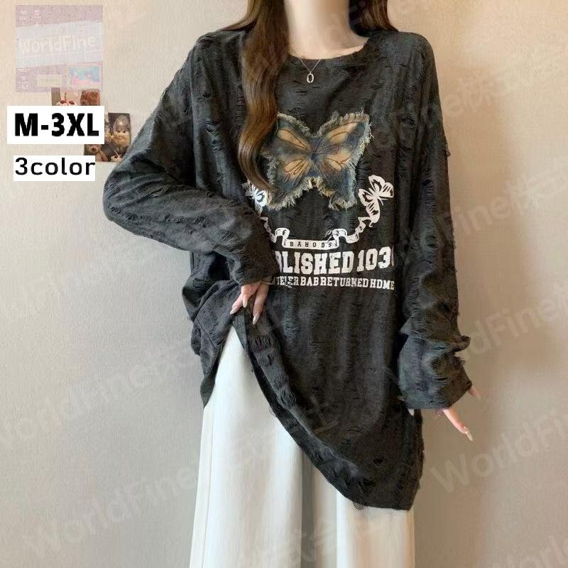 乐天商城 - トップス レディース カットソー Tシャツ ロングT 春秋 春服 秋服 長袖 ロンT 蝶々 刺しゅう プリント 英文字 ダメージ加工 ヴィンテージ風 オーバーサイズ ビッグシルエット 体型カバー ゆったり モード系 カジュアル ストリート LUHA005(3色L-5XL)