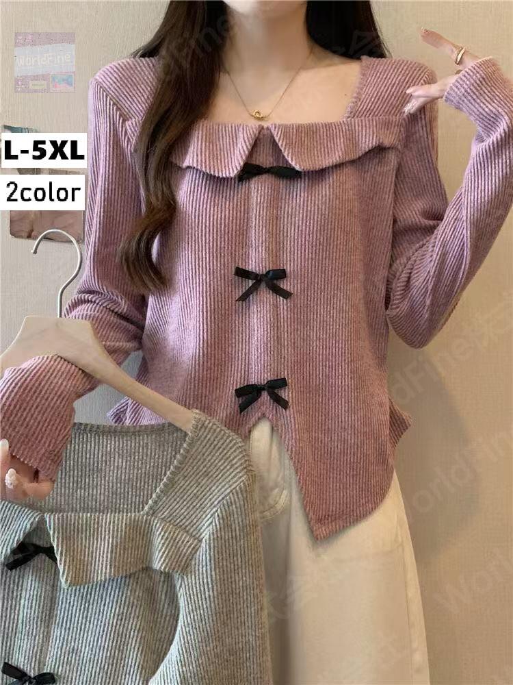 乐天商城 - トップス レディース 可愛いトップス カットソー ロングT 大きいサイズ リボン 春 春服 長袖 襟付きカットソー 襟付き リボン付き レディースカットソー長袖 リブ 細見え 着痩せ 無地 シンプル きれいめ 大人可愛い モード系 通勤 オフィス デート 発表会 LUHA009(2色L-5XL)