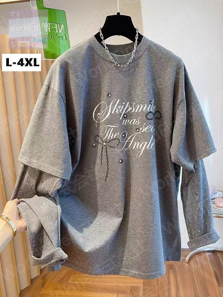 乐天商城 - トップス レディース カットソー Tシャツ 大きいサイズ 春秋 春服 秋服 レイヤード風 重ね着風 長袖 英文字 リボン柄 プリント プルオーバー 体型カバー ゆったり カジュアル 大人可愛い 普段着 お出かけ LUHA012(L-4XL)