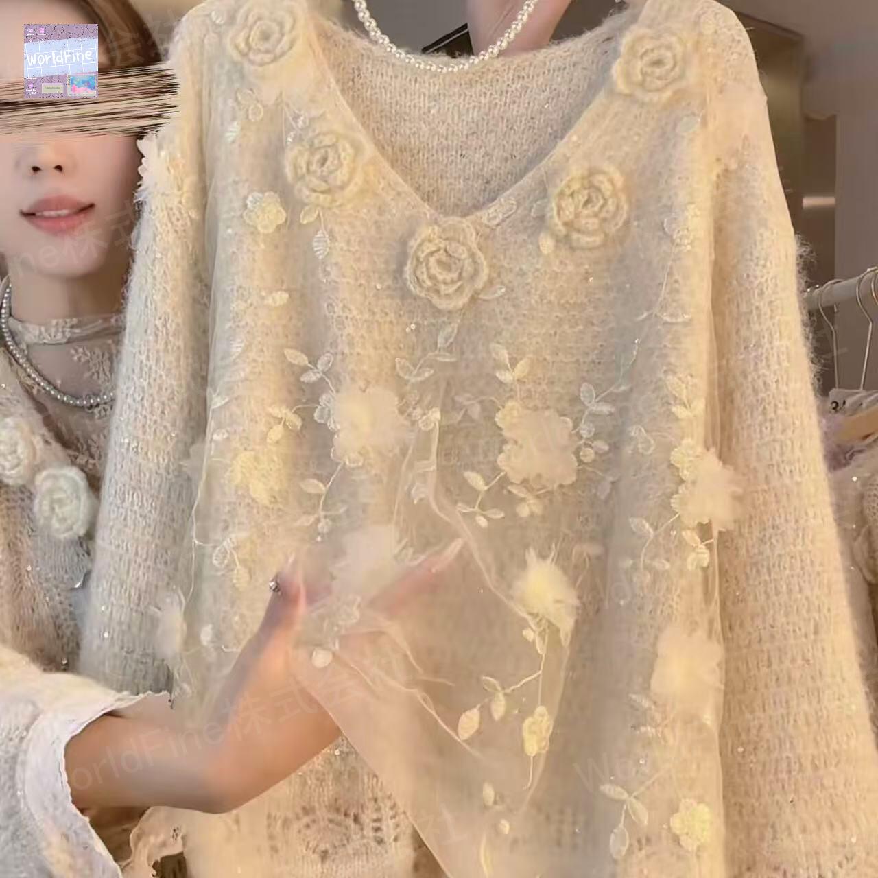 乐天商城 - ニット セーター レディースニット 可愛いニット レディースセーター ニットセーター 立体 花 レディース 花柄 vネック トップス 秋 冬 ゆったり かわいい レース 冬物 レイヤードトップス フェミニン レディーストップス 可愛い カジュアル 長袖 お出かけ SLUD134(S-3XL)