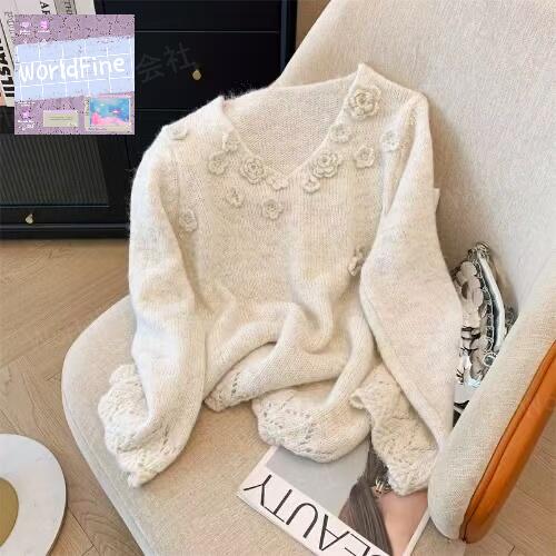 乐天商城 - ニット セーター レディースニット レディースセーター 立体花 レディース セーター レディースニット Vネック トップス 秋 冬 ゆったり かわいい ゆったり 可愛い カジュアル 長袖 お出かけ SLUD135(3色S-3XL)