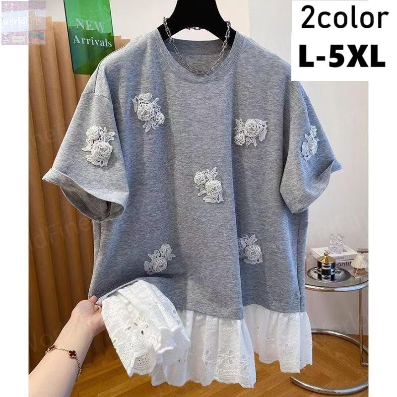 乐天商城 - Tシャツ レディース 半袖 5分袖 花柄 重ね着風 切り替え 裾レース トップス カジュアル ゆったり 体型カバー レース レディースtシャツ 20代 30代 40代 50代 おしゃれ 可愛い 春 夏 痩せ見え 普段着 部屋着 楽ちん こなれ感 SLUE008(2色L-5XL)