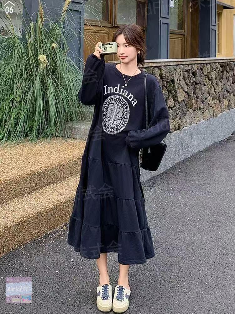 乐天商城 - ロングワンピース レディース 長袖 大きいサイズ 切替 aラインワンピース 落ち感 ドレープ a型ワンピース 秋 クルーネック 大きめ 秋ワンピース フレア ワンピ きれいめ 着痩せ 高見え 体型カバー カジュアルワンピース ルームウェア 体型カバー 日常 デート LWGA134(L-4XL)