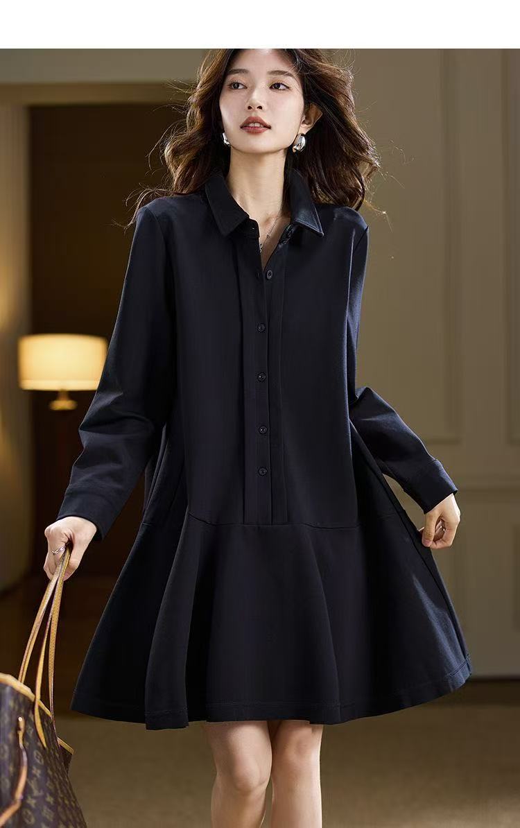 WorldFine楽天市場SHOPのシャツワンピース レディース ロング 膝丈 長袖 春秋 春服 秋服 襟付き フレア Aライン 無地 体型カバー 着痩せ きれいめ 大人可愛い 二次会 パーティー 通勤 20代 30代 40代 50代 LWHA006(L-5XL)｜アングル3