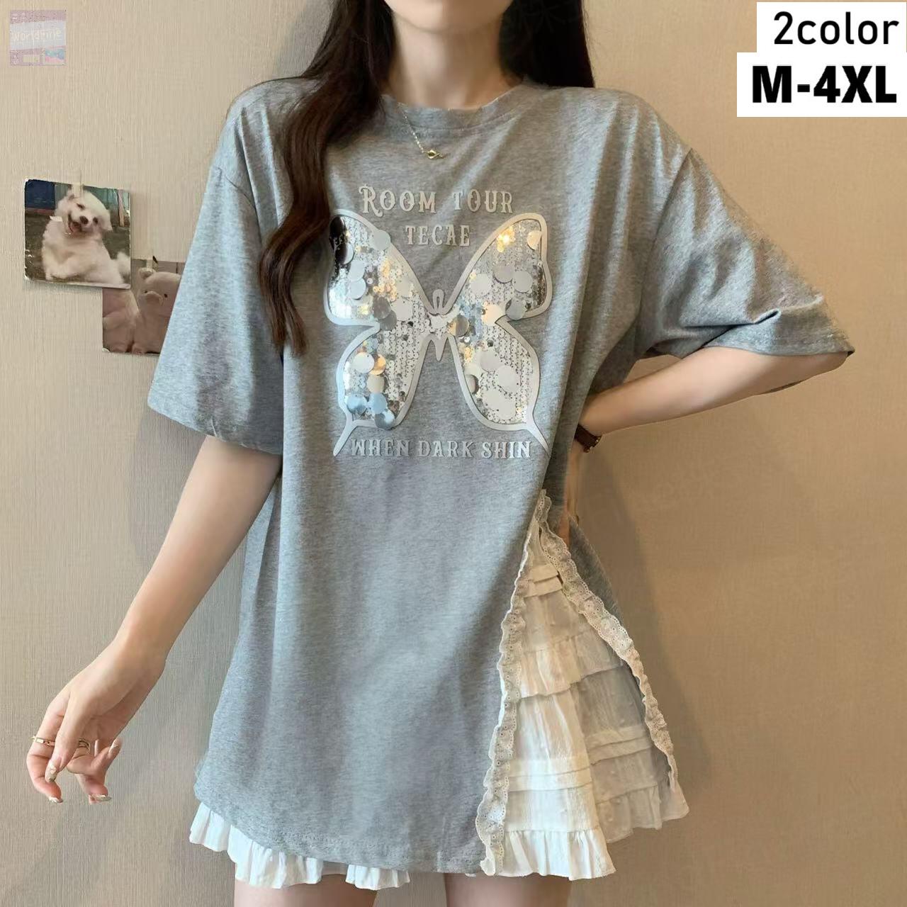 レディースTシャツ半袖丸首バタフラ...