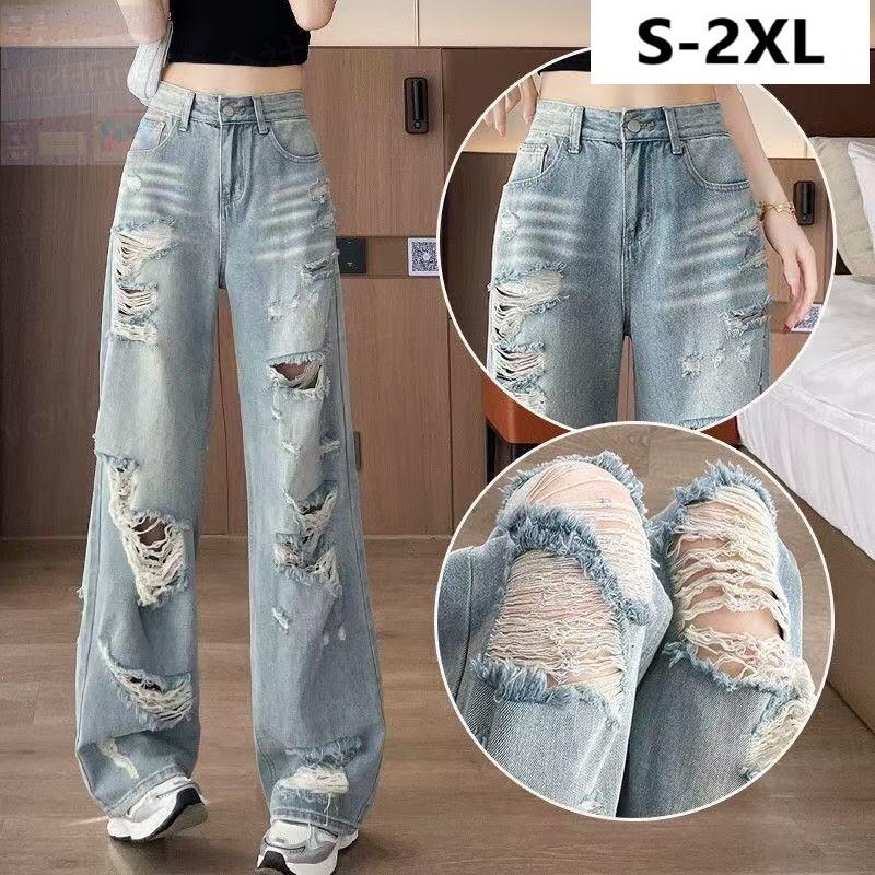 Women's Wide-Leg Denim Jeans, Light Blue, Distressed Finish, High Waist, Loose Fit, Relaxed Fit, Figure-Flattering, Casual, Korean Style, Spring/Summer, SLTE037 (S-2XL)