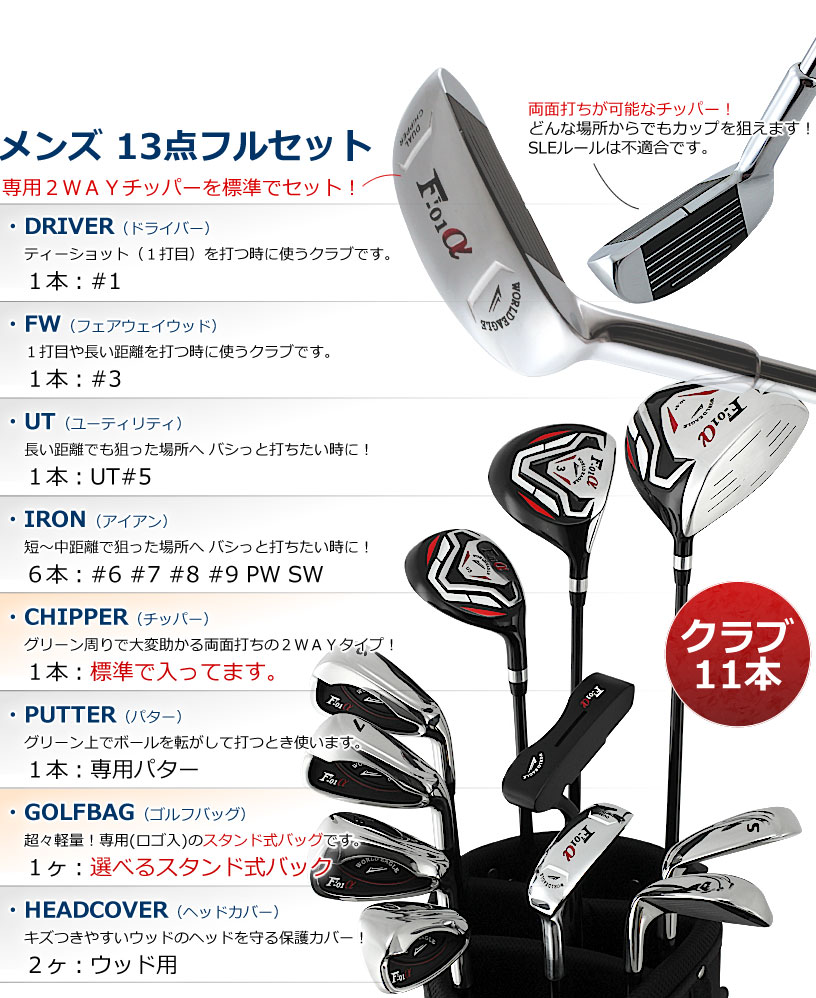 ワールドゴルフのアウトレット品（わけあり 展示 撮影） メンズゴルフセット ワールドイーグル クロスモデル F-01α フルセット 右利き用 フレックスR ブラックバッグ｜アングル2