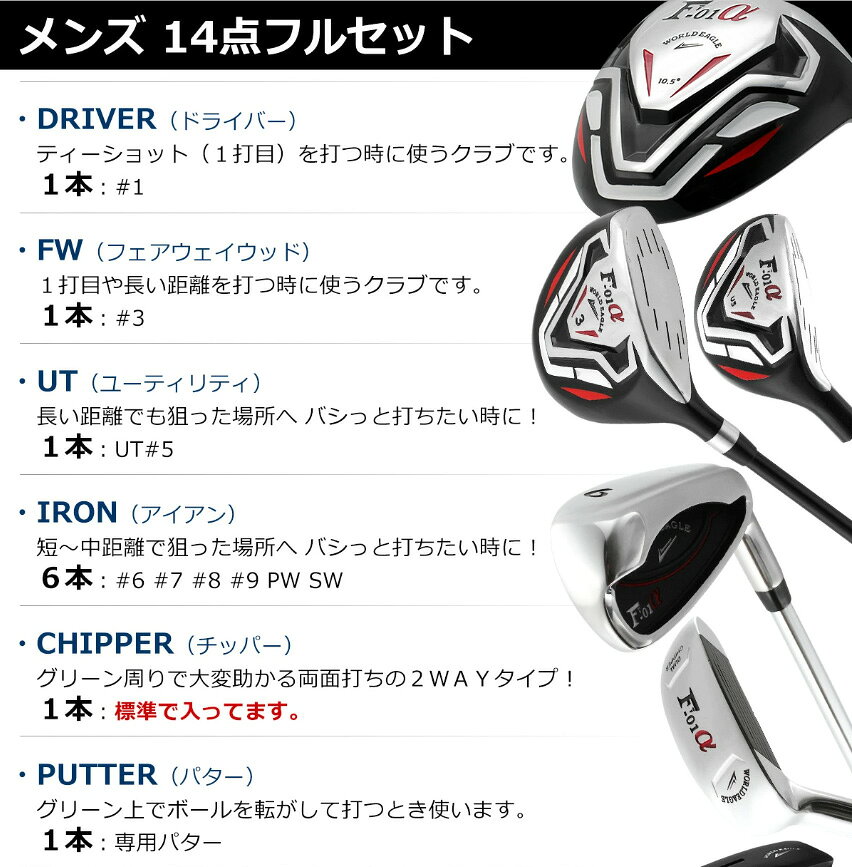 ワールドゴルフのアウトレット品（わけあり 展示 撮影） WE クロスモデル F-01αメンズゴルフクラブセット CBR5 シルバーバッグ付き 右利き用 フレックスR｜アングル2