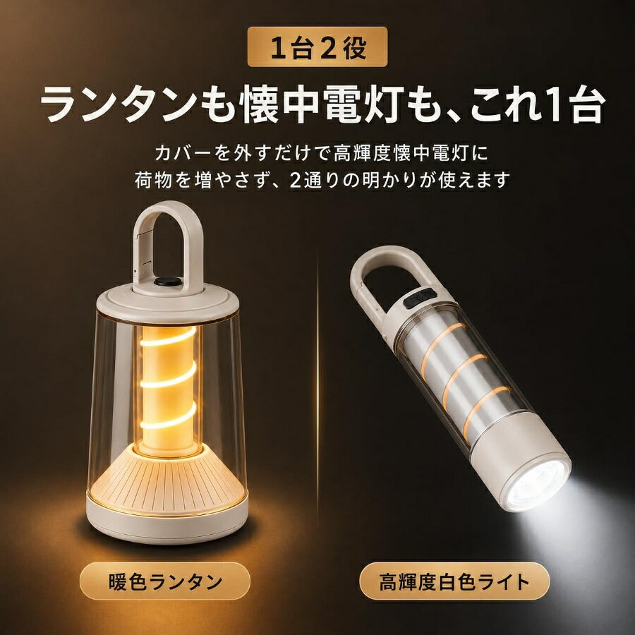 LEDランタン 懐中電灯兼用 1台2役 高輝度 超軽量176g 2200K暖色光 Type-C充電 IP65防水防塵 - angle 1