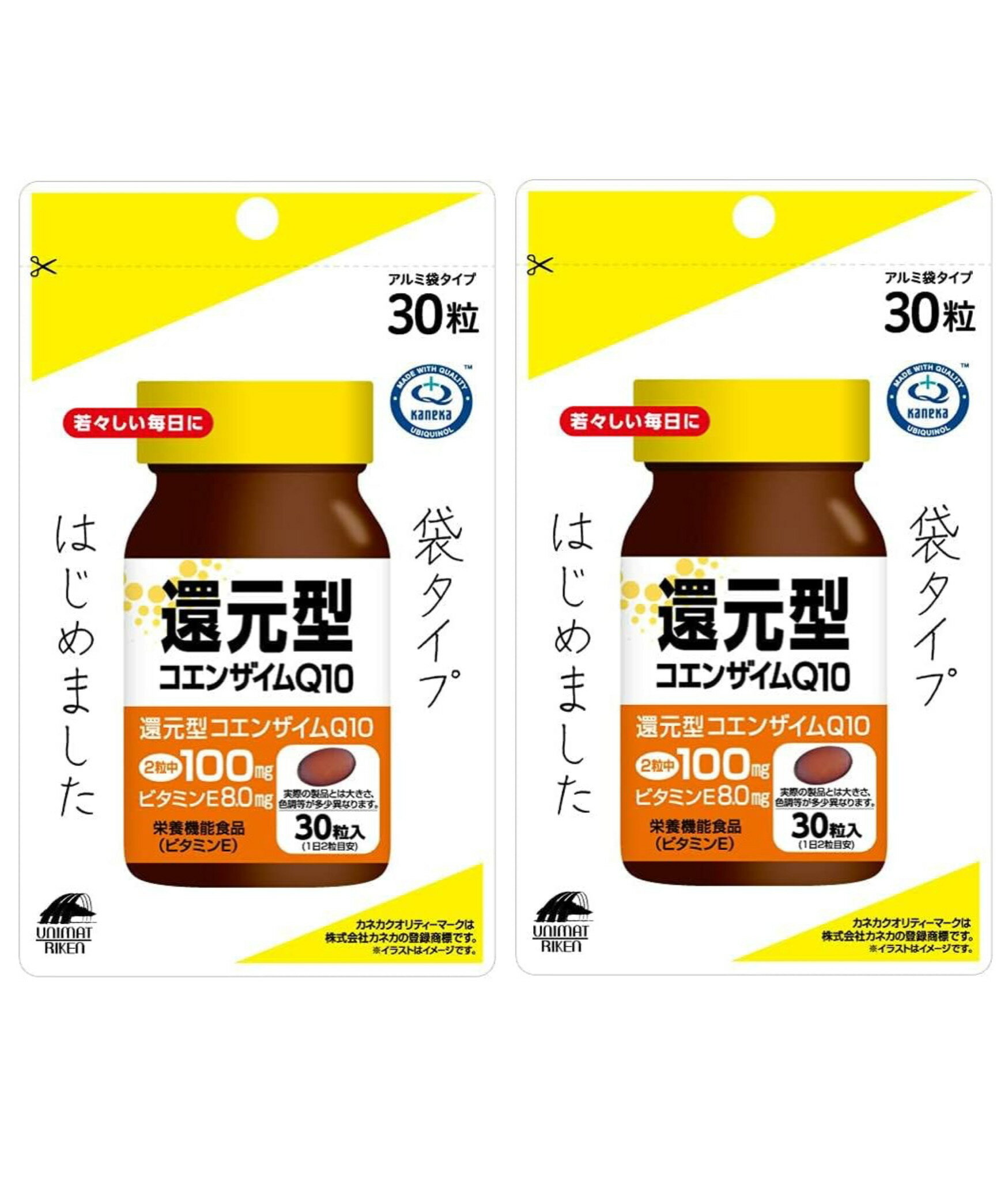 商品情報名称還元型コエンザイムQ10原材料サフラワー油(国内製造)、ゼラチン(豚皮由来)、還元型コエンザイムQ10／グリセリン、ミツロウ、カラメル色素、ビタミンE内容量12.9g(430mg×30粒)×2袋セット個装サイズ90X150X15mm発売元株式会社ユニマットリケンカネカ社製 還元型コエンザイム Q10 30粒入り×2袋セット ユニマットリケン サプリメント 送料無料 若々しい毎日を過ごしたい、エネルギー不足が気になる、体を動かすのが好き、美容に気を遣われる方へ 持ち運びに便利な袋タイプの還元型コエンザイムQ10が登場 ・本品は、カネカ社製の「還元型コエンザイムQ10」を、1日2粒中に100mg配合し、さらにビタミンEを配合した栄養機能食品（ビタミンE）です。これからの若々しい毎日を応援します。　　　　　　　　　　　　　　　　　・ビタミンEは、抗酸化作用により、体内の脂質を酸化から守り、細胞の健康維持を助ける栄養素です。　原材料／成分／素材／材質サフラワー油（国内製造）、ゼラチン（豚皮由来）、還元型コエンザイムQ10／グリセリン、ミツロウ、カラメル色素、ビタミンE栄養成分2粒（0．86g）当たり、エネルギー6．0kcal、たんぱく質　0．23g、脂質　0．53g、炭水化物0．07g、食塩相当量0．0002　g、ビタミンE8．0mg　（127％）※、還元型コエンザイムQ10　100mg　※栄養素等表示基準値（18歳以上、基準熱量2、200kcal）に占める割合使用方法／召し上がり方栄養機能食品として1日2粒を目安に、水またはぬるま湯と共にお召し上がりください。 1