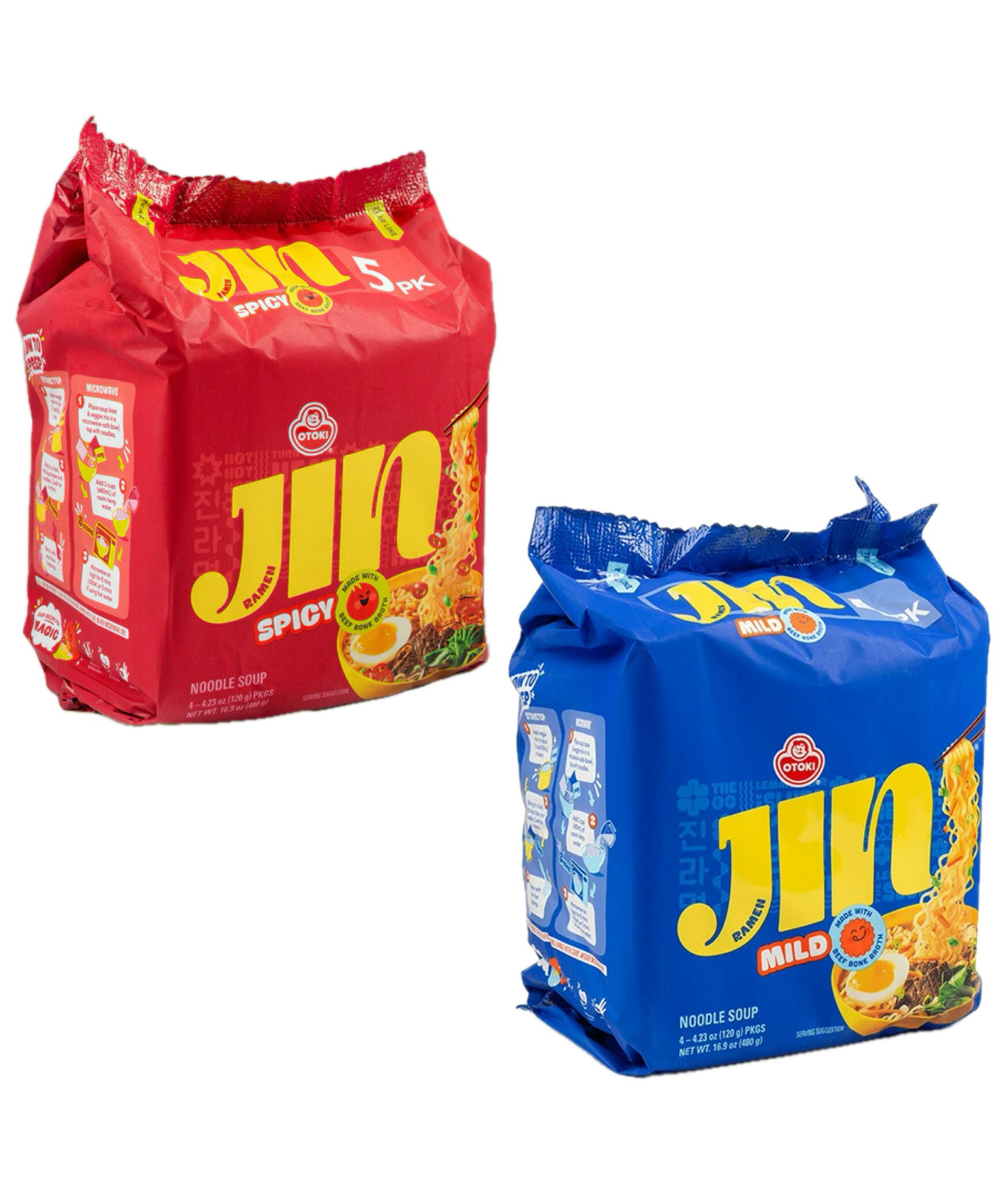乐天商城 - オットギ ジンラーメン マイルド (甘口) 120g×5袋 ジンラーメン スパイシー (辛口) 120g×5袋 計10袋セット 韓国食材 送料無料