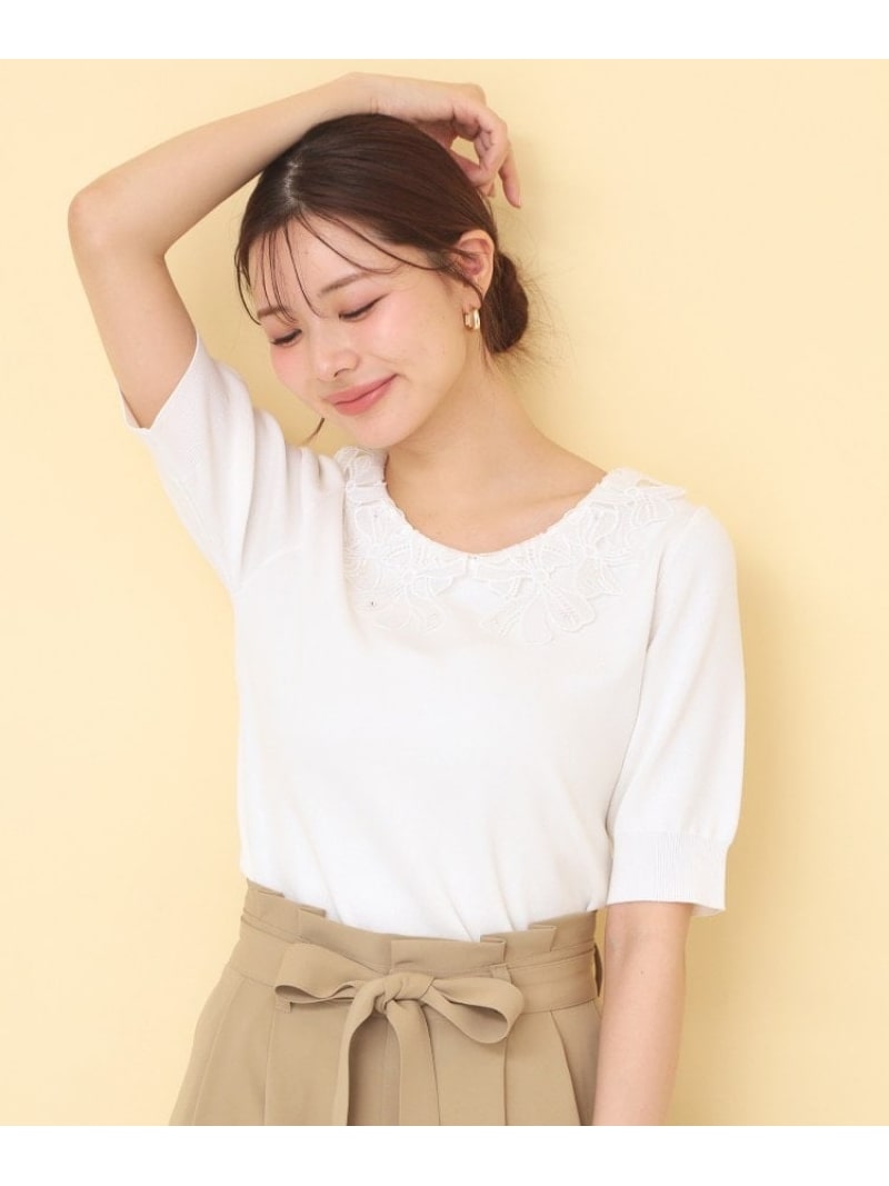 Rakuten - リボンレース衿リブニット【洗濯機OK/接触冷感】 index インデックス トップス ニット ブラック ホワイト【送料無料】[Rakuten Fashion]