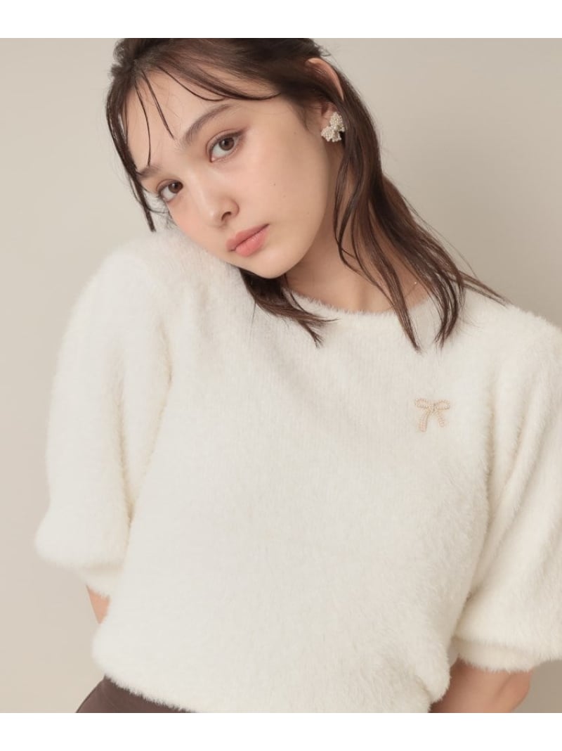 【着映え・5分袖・フェミニン】ラメフェザー半袖ニット Couture Brooch クチュールブローチ トップス ニット ホワイト グリーン【送料無料】[Rakuten Fashion]のサムネイル