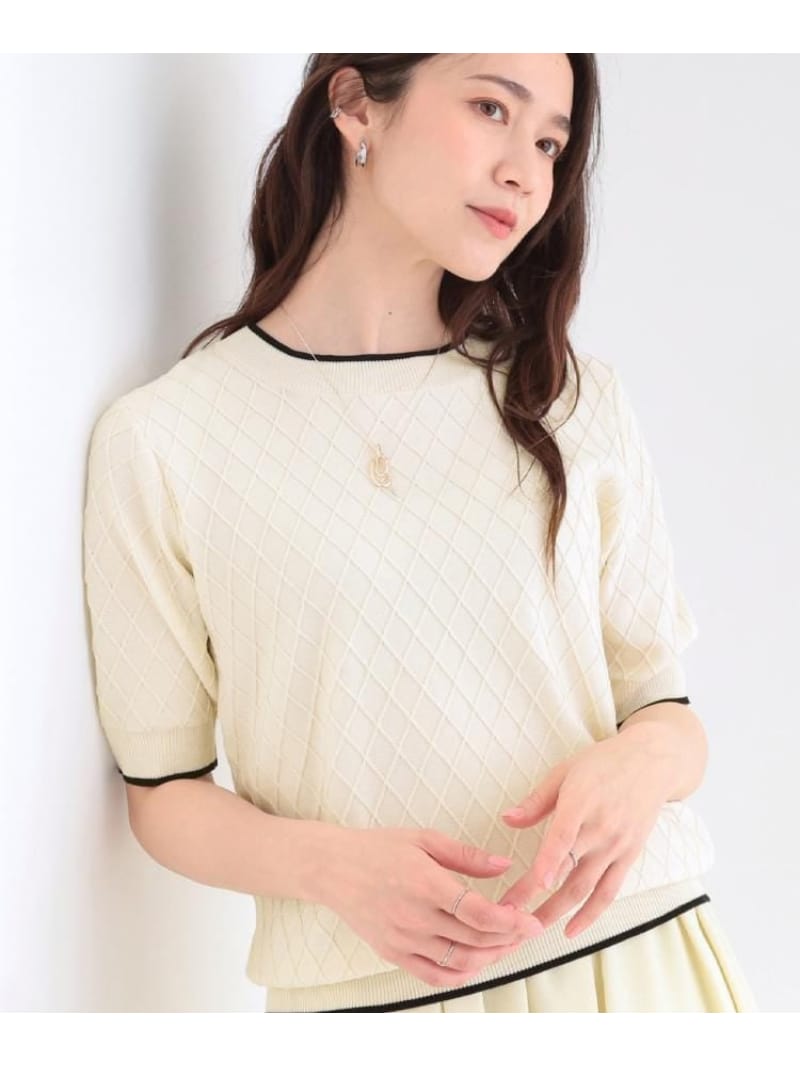 Rakuten - 【洗濯機可/S-LL】ダイヤ編み柄が大人上品 配色半袖ニット SHOO・LA・RUE シューラルー トップス ニット ホワイト ブルー ブラック[Rakuten Fashion]