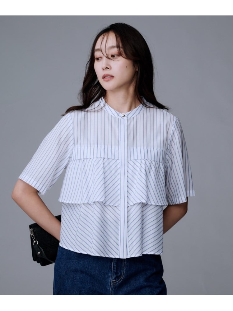 【SALE／52%OFF】【短丈/前ボタン/五分袖】ストライプフリルシャツ UNTITLED アンタイトル トップス シ..