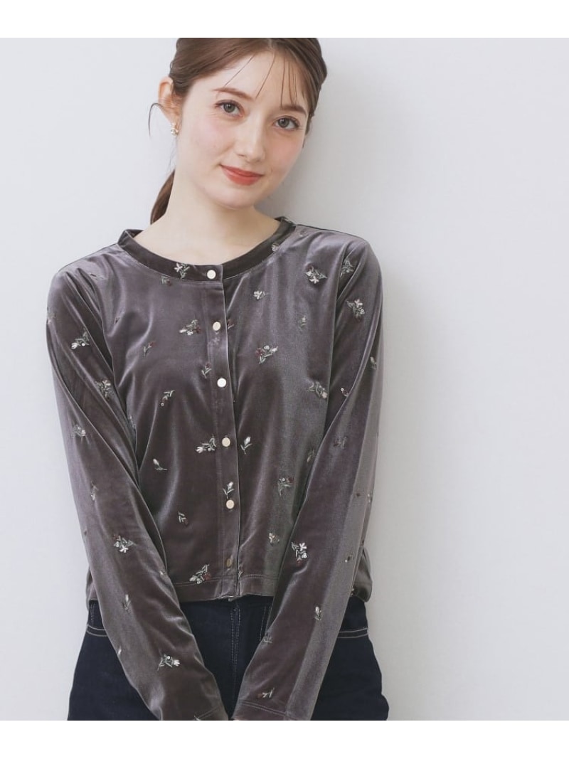 【SALE／30%OFF】小花刺繍ベロアショートカーディガン【洗濯機OK】 index インデックス トップス カーディガン ネイビー グレー パープル【RBA_E】[Rakuten Fashion]のサムネイル