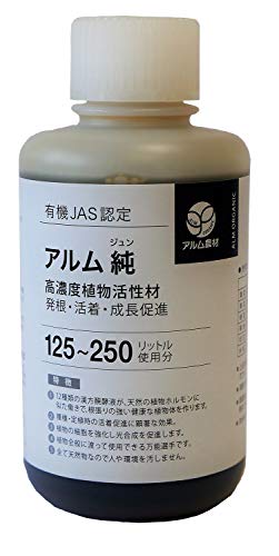 商品情報 商品の説明 説明商品の説明有機JAS認定(登録No.JASOM‐130437) 12種類の漢方生薬を2年間発酵熟成した原液をベースに、保護作用と生長作用の高い濃縮生薬をブレンドした商品で、アルム農材の基本資材です。発根促進、活着促進に役立ちます。 葉面散布から灌水施用まで生長ステージに合わせて効果を発揮し、水はもちろん液肥・農薬との混用でも相乗効果を発揮します。 山形大学農学部においても、果菜の品質（糖酸比）の向上に明確な効果が検証されています。 この商品の植物の生長・発根に関予する数値を100とした場合、保護に関しては約40％の能力バランスです。使用方法1,000倍希釈 主な仕様 1、根の張りと質が格段に良くなるため、光合成を増進させ作物の品質が向上します。 2、低分子有機酸が豊富で、ミネラル等の養分吸収がアップします。 3、植物が本来持っている免疫力を強化し、しっかりとした植物体を育てます。 4、品質アップと共に収穫アップにつながり、費用対効果の高いメリットを提供します。 5、すべて天然生薬が原料なので安全性が極めて高く安心施用できます。又、病害虫に耐性がつきません。