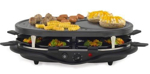 【商品名】West Bend 6130 Raclette Party Grill 【カテゴリー】ホーム：家電【商品詳細】 West Bend Raclette Party Grill is a dinner party idea that's as easy as fondue, but slightly different. It's a raclette party. Raclette is a type of cheese from Switzerland that is prepared with vegetables on a special raclette grill. The West Bend Raclette serves up the party and delicsious melted chesse in style. Non-Stock Grill Top and Granite Stone Top. Adjustable Temperature Control. Dishwasher-safe. 8-Person Raclette Grill. 1 Year Warranty