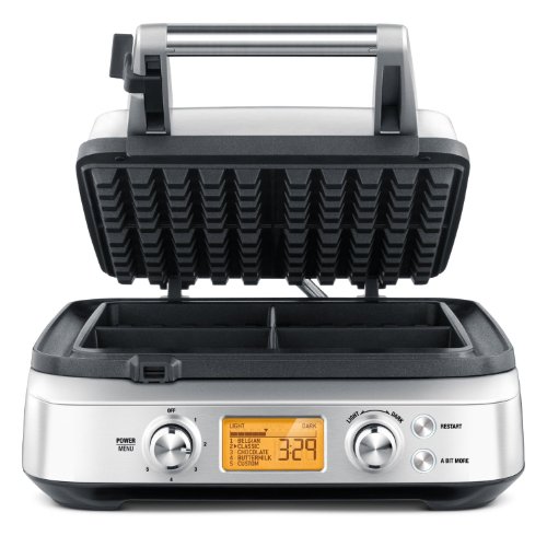 【商品名】Breville Smart Waffle Pro Stainless Steel 4 Slice Waffle Maker 【カテゴリー】ホーム：家電【商品詳細】 Choose from Belgian, classic, chocolate, or buttermilk with 12 different heat settings using the Breville Smart Waffle Pro four slice waffle maker. Made with stainless steel housing, it has nonstick cast iron cooking plates. The wide wrap around moat catches and cooks overflow of waffle batter so nothing goes to waste. Cooking time is automatically calculated to suit your waffle style and color with Waffle IQ technology featuring 1800 watts. Backed by a manufacturer's one year limited warranty, create crispy golden waffles with this waffle maker.12-1/4' L x 15-1/4' W x 5-3/4' H