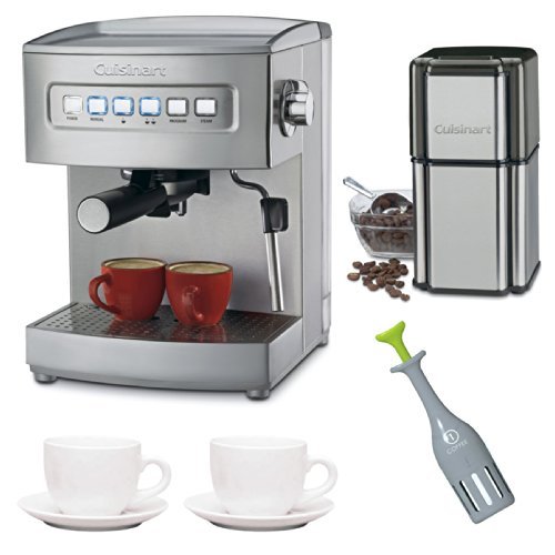 【商品名】Cuisinart EM-200 Cuisinart Programmable 15-Bar Espresso Maker with Two 3-oz Ceramic Espresso Cups + Jokari Single Serve French Coffee Press and Cuisinart Grind Central Coffee Grinder (Refurb.) Bundle 【カテゴリー】ホーム：家電【商品詳細】 Single or double espresso? The choice is yours, with the Cuisinart? Programmable Espresso Maker. Program a single or double espresso, then turn your drink into a luscious cappuccino or latte - just like the pros. The stainless stem nozzle and frothing cup make it easy. Features a cup-warming plate on top, and a removable drip tray and cover for easy cleanup. Professional-quality single or double espresso, cappuccino, and latte - without leaving the house! Bundle Includes:? Cuisinart EM200 EM-200 Cuisinart Programmable 15-Bar Espresso Maker? 3 oz Ceramic Tiara Espresso Cup and Saucer(Two Pack)? Jokari Healthy Steps Single Serve French Coffee Press? Cuisinart Grind Central Refurbished Coffee Grinder