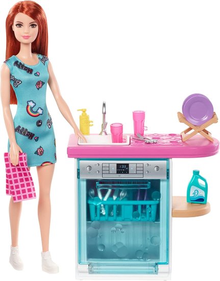 Barbie バービー屋内家具のプレイセット、作業ドアとプルアウトトレイを備えたキッチン食器洗い機に加えて、料理と洗濯アクセサリー