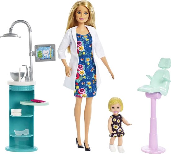 Other - Barbie ブロンドの患者の小さな人形、シンク、椅子など、3-7歳の子供向けのキャリアをテーマにしたおもちゃでバービー歯科医の人形、金髪、そしてプレイセット