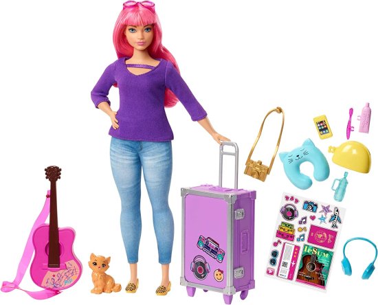 Barbie バービーデイジードール、ピンクの髪、曲線、子猫、ギター、オープニングスーツケース、ステッカー、9つのアクセサリー、3-7歳のアクセサリー