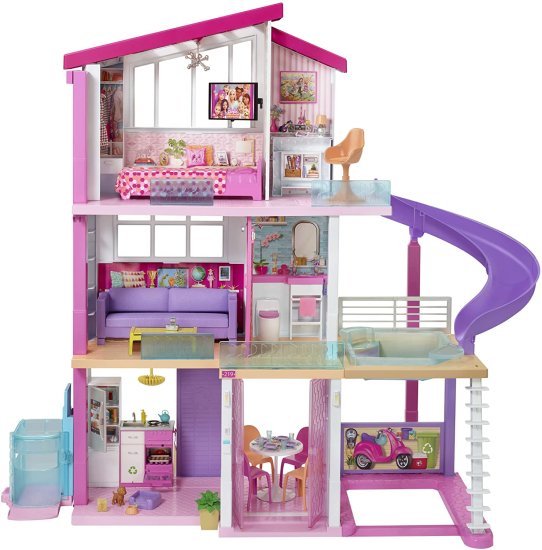 【商品名】Barbie 車椅子付きのバービードリームハウスドールハウスアクセス可能なエレベーター、プール、スライド、家具や家庭用品、3-7歳のギフトなどの70のアクセサリーBarbie Dreamhouse Dollhouse with Wheelchair Accessible Elevator, Pool, Slide and 70 Accessories Including Furniture and Household Items, Gift for 3 to 7 Year Olds【商品説明】・Measuring an impressive 3 feet tall and 4 feet wide and featuring 3 stories, 8 rooms, all-angle play, a working elevator and pool with slide, the Barbie Dreamhouse encourages young imaginations to move into this dollhouse and set up a dream home! ・Dreamy features include the working elevator with room for 4 dolls or a Barbie doll in a wheelchair, a new home office, a carport and a second-story pool with a slide that starts on the third story -fill it with water for a real splash! ・Lights and sounds add realistic touches and encourage role-play: place the frying pan on the stove and press for a sizzling sound; do the same with the tea kettle for whistling ・Two-in-one fun expands the possibilities for play: the couch opens to create bunk beds and the coffee table flips revealing a bed for Chelsea doll to create a guest bedroom; the fireplace turns around to transform a cozy den into a home office; ・The kitchen sink does double duty with one side featuring a barbecue and shelves and the other with the oven and a recycling bin; and the back of the refrigerator is an outdoor food stand