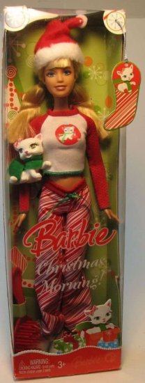 Barbie サンタの帽子、パジャマ、毛皮のスリッパ、ヘアブラシ、ペットの猫とバービークリスマスモーニングホリデードール2008