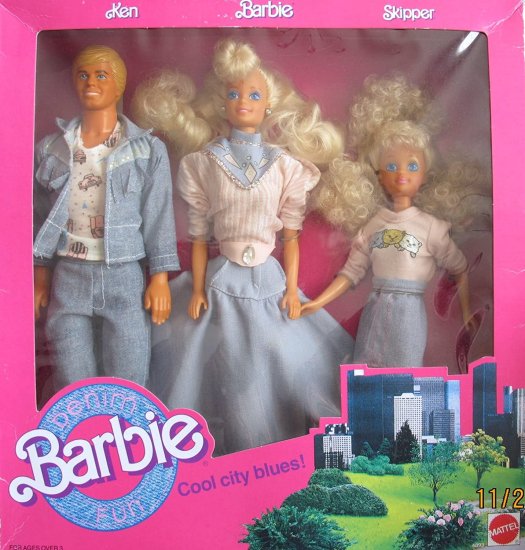 Barbie バービーデニムファンクールシティブルース3人形セットWケン、バービー＆スキッパードールズ（1989マテルホーソーン）