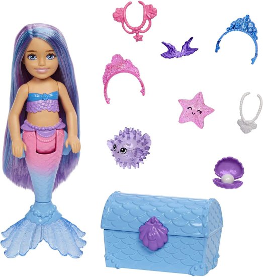 Barbie バービーマーメイドパワーチェルシー人魚人形（青と紫の髪）2枚のペット、宝箱とアクセサリー、3歳のおもちゃなど