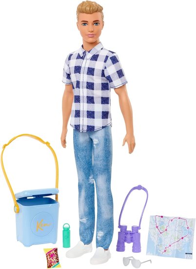 Barbie バービーそれは、格子縞のシャツ、ジーンズ、白いスニーカーを着た2つのケンキャンプドールをキャンプアクセサリー、3歳のおもちゃを備えています
