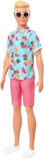 Barbie 青いトロピカルプリントシャツ、サンゴのショートパンツ、白い靴、白いサングラス、子供向けのおもちゃを着て、彫刻されたブロンドの髪をしたバービー